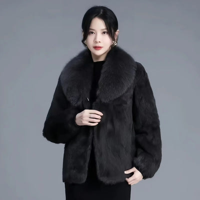 Real Rabbit Fur Coat Women Autumn Winter Short Jacket Thick Warm New Fashion Fox Fur Collar Elegant Female Warm Outerwear
