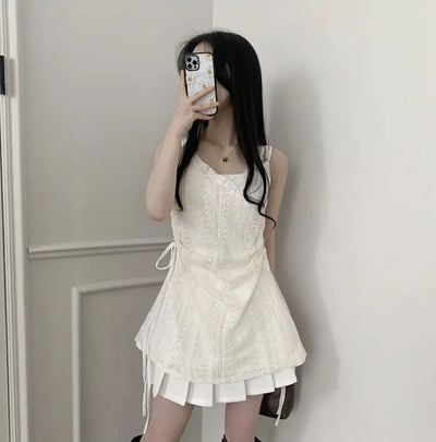 Hot Girl Korean Style Drawstring Lace-up Waist Lace Short Suspender Dresses + White Inner Wear Bottoming Sling Top Two-piece Set