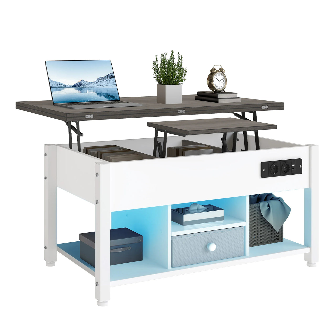 White & Grey 4-in-1 Coffee Table - Adjustable Height, Converts to Dining Table with Storage & LED Lighting