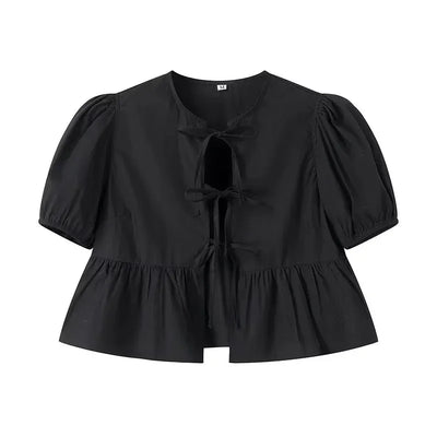 MUJER Leopard Print Crop Top Women Puff Sleeve Ruffle Blouses Woman 2025 Summer Shirts and Blouses for Women Ruched Ladies Tops