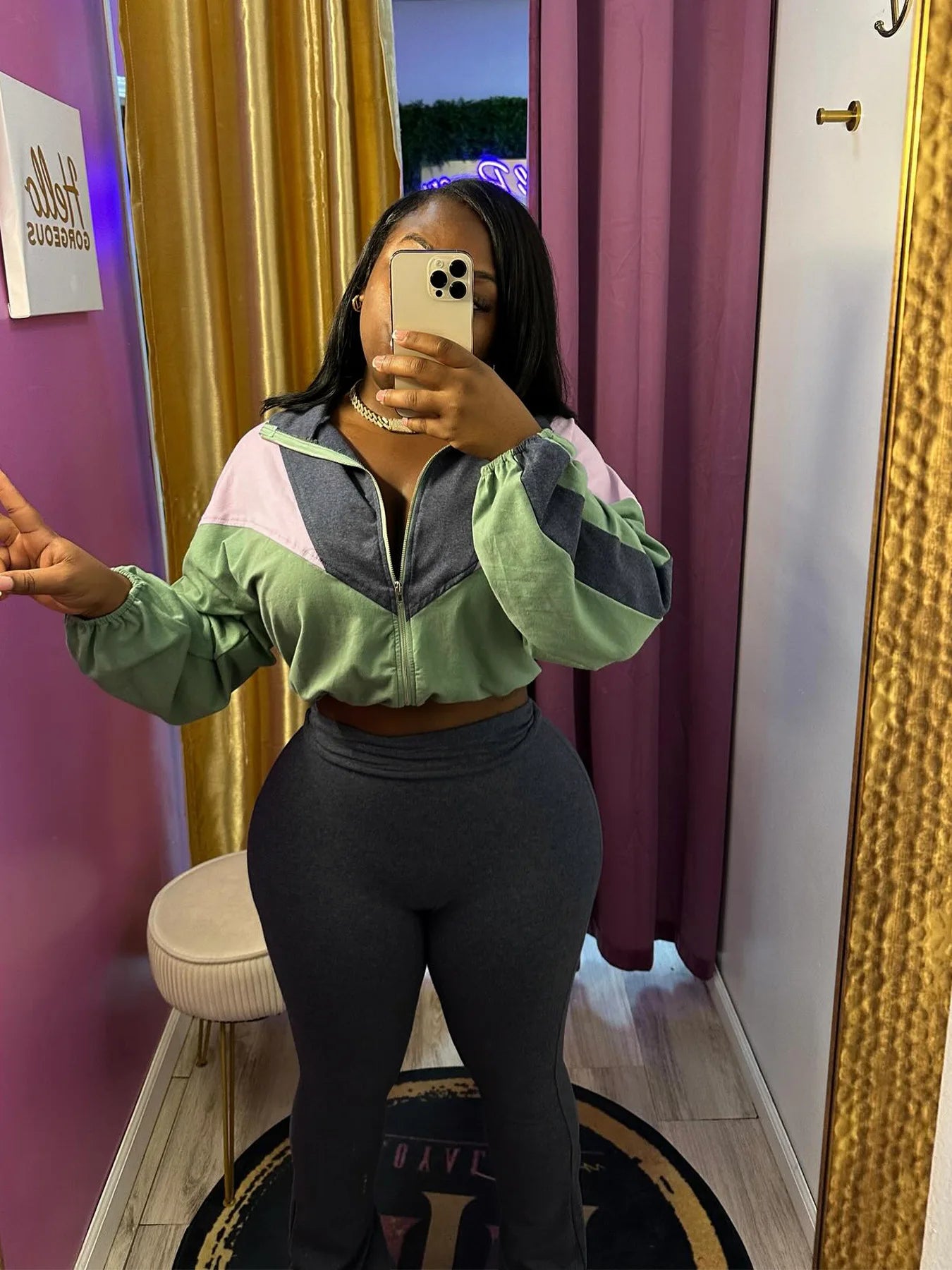 FAGADOER Color Block Street 2 Piece Set Outfit Casual Zip Drawstring Crop Top + High Waist Flare Pants Suit Autumn New Activwear