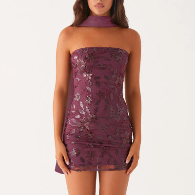 hirigin Fashion Women Summer Sequin Mini Bandeau Dress Sleeveless Off Shoulder Flower Embroidery Tube Top Dress with Scarf