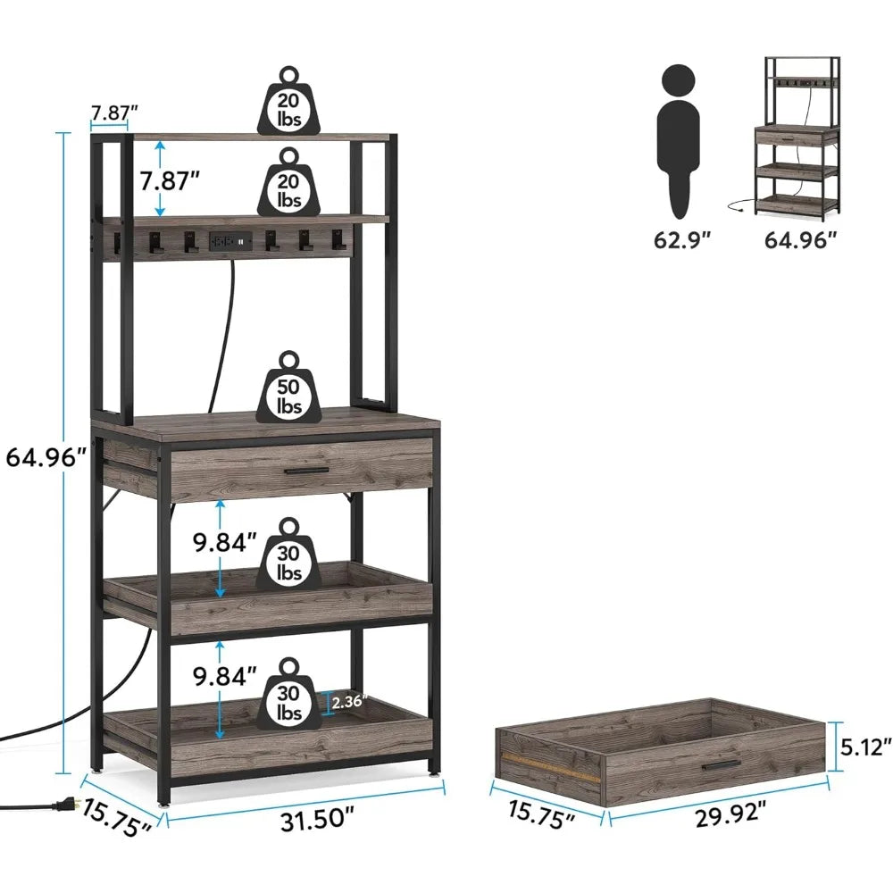 Bakers Rack with Power Outlets, 5-Tier Kitchen Storage Shelf, Microwave Oven Stand with Drawer, 65”H Coffee Bar Table