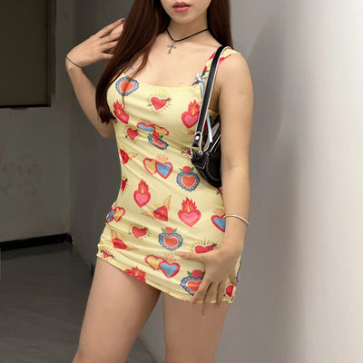 Women's Summer Bodycon Dress Sleeveless Square Neck Heart Print Mini Dress Tie Back Dress