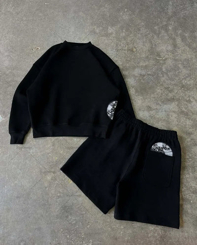 American High Street Fashion Long Sleeve Shorts Suit Men Y2k Tide Goth Punk Rock Casual Oversized T-shirt Wide Leg Pants Women