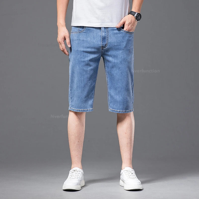 Fashion Men's Straight Denim Shorts Summer Thin Elastic Casual Bermuda Jeans Breathable Fabric Male Clothes Boardshorts