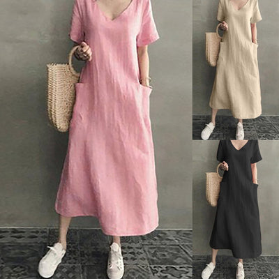 2024 Summer Dresses Qutfits Causal Dress Short Sleeved Cotton Linen V Neck Dress With Pocket Loose Comfy Dresses Vestidos