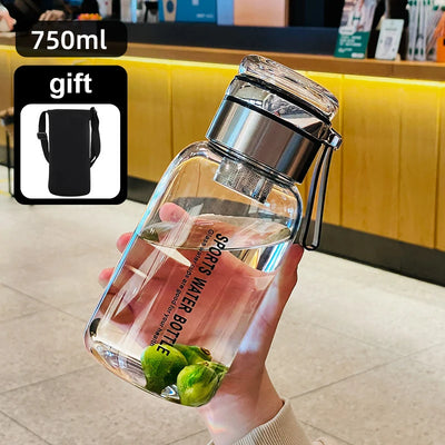 Sports Glass Water Bottle 2L Capacity Free Cup Cover (with Shoulder Strap)  Portable Leak-proof Drinking Stainless Steel Lid