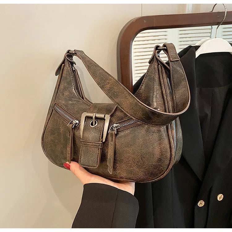 Retro Belt Design PU Leather Shoulder Bags for Women 2024 Y2K Small Vintage Female Underarm Crossbody Bag Fashion Handbags