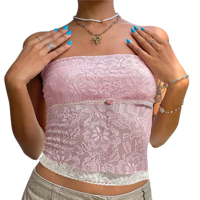 Xingqing y2k Off Shoulder Top Women Fairy Grunge Clothes Summer Sleeveless Lace Trim Patchwork Strapless Tshirt 2000s Streetwear
