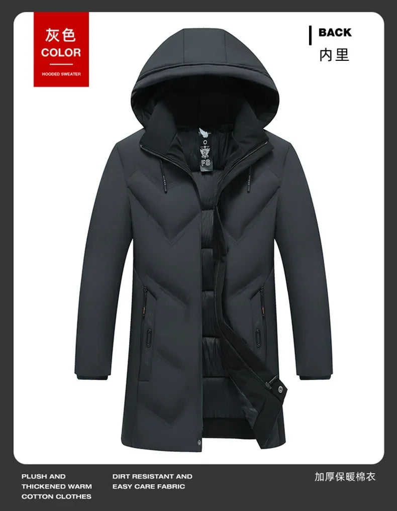 Fashion Men Long Parkas Coat Solid Slim Fit Warm Thicken Jacket Outwear Windproof Coat Hooded Cotton-padded Zipper Windbreaker