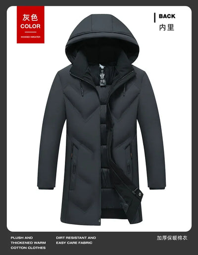Fashion Men Long Parkas Coat Solid Slim Fit Warm Thicken Jacket Outwear Windproof Coat Hooded Cotton-padded Zipper Windbreaker
