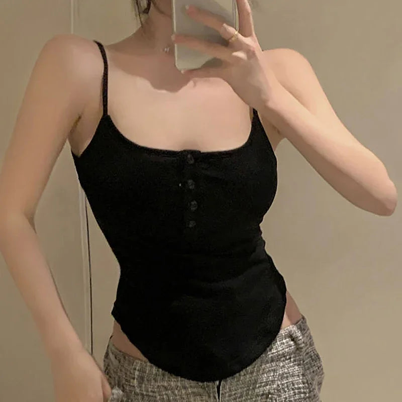 1PC Summer Solid Color Button Irregular Camisole Y2K Women Sleeveless Slim Tank Top Spring Casual Streetwear Female Sexy Vest