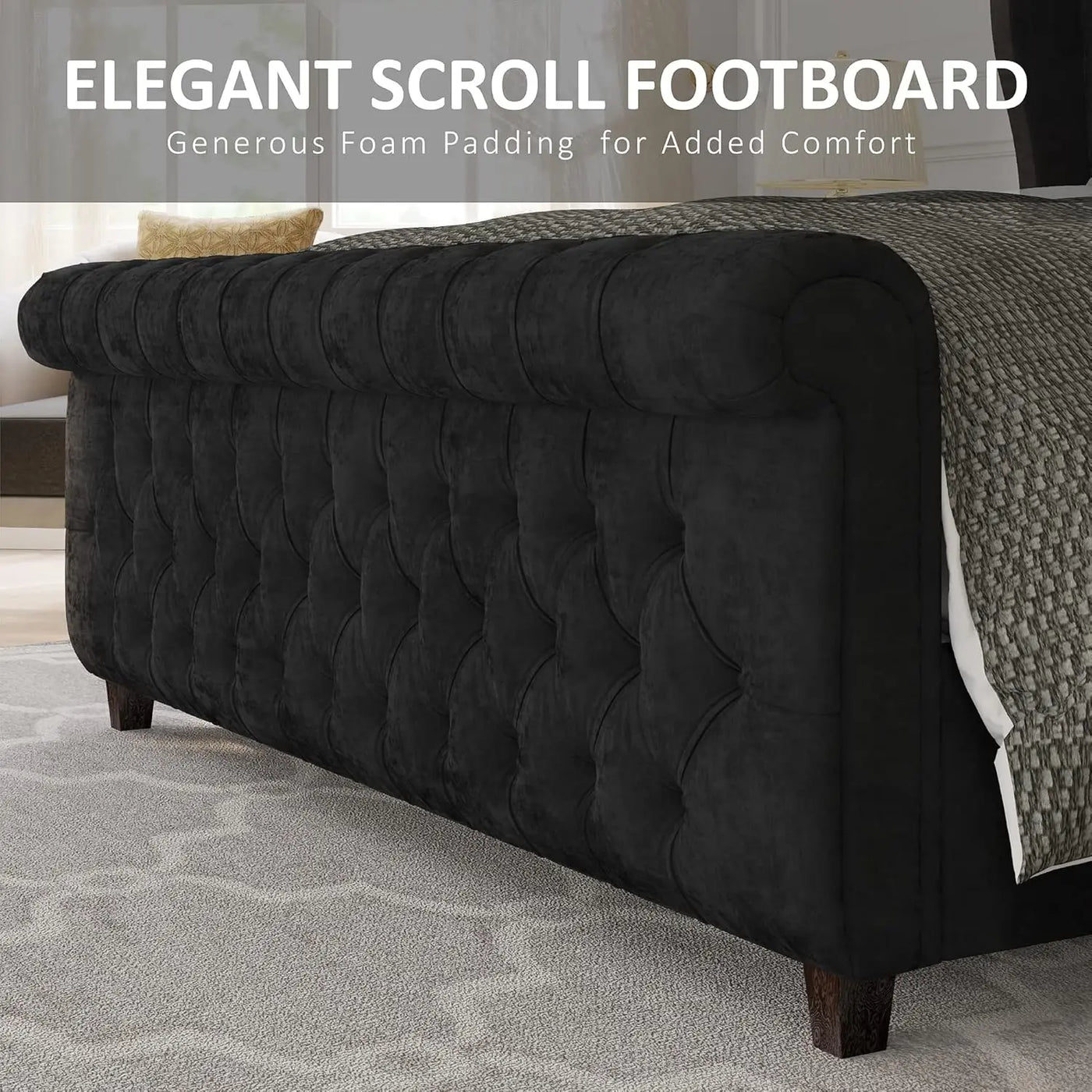 Queen Size Platform Bed Frame, Velvet Upholstered Sleigh Bed with Scroll Wingback Headboard Footboard/Button TuftedBlack