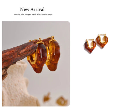 Yhpup Fashion Amber Resin Geometry Hoop Earrings Trendy Stainless Steel 18K PVD Plated Jewelry Accessories Gift