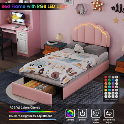 Upholstered LED Bed Frame with Storage Drawer, Cute Girls Bed with Petal-Shaped Headboard, Velvet Princess Platform Bed Frame