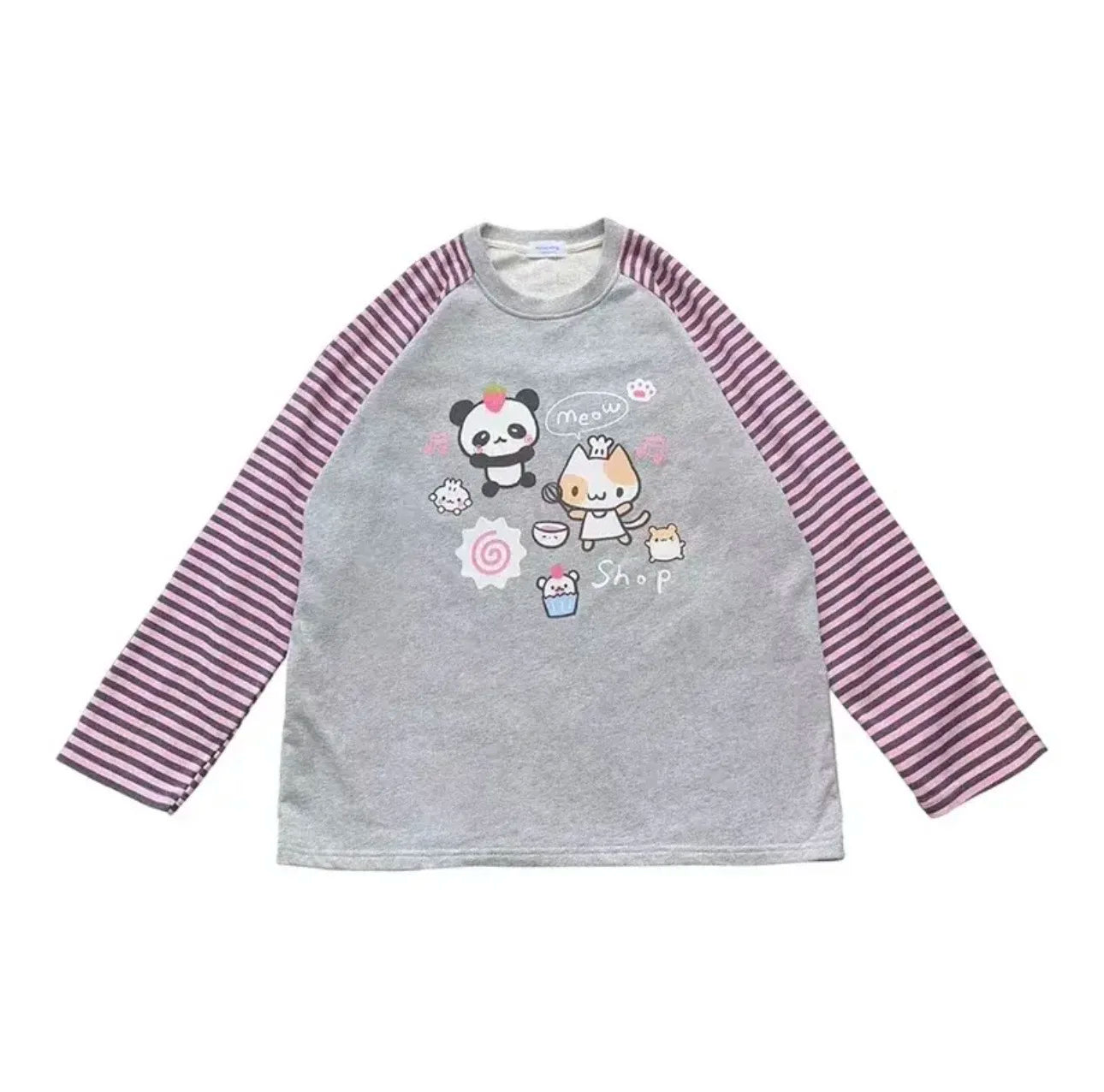 Y2k Harajuku Kawaii Striped Hoodie Women Japanese Fashion Patchwork Cartoon Print Sweatshirt Female Autumn 2023 New In