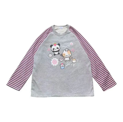 Y2k Harajuku Kawaii Striped Hoodie Women Japanese Fashion Patchwork Cartoon Print Sweatshirt Female Autumn 2023 New In
