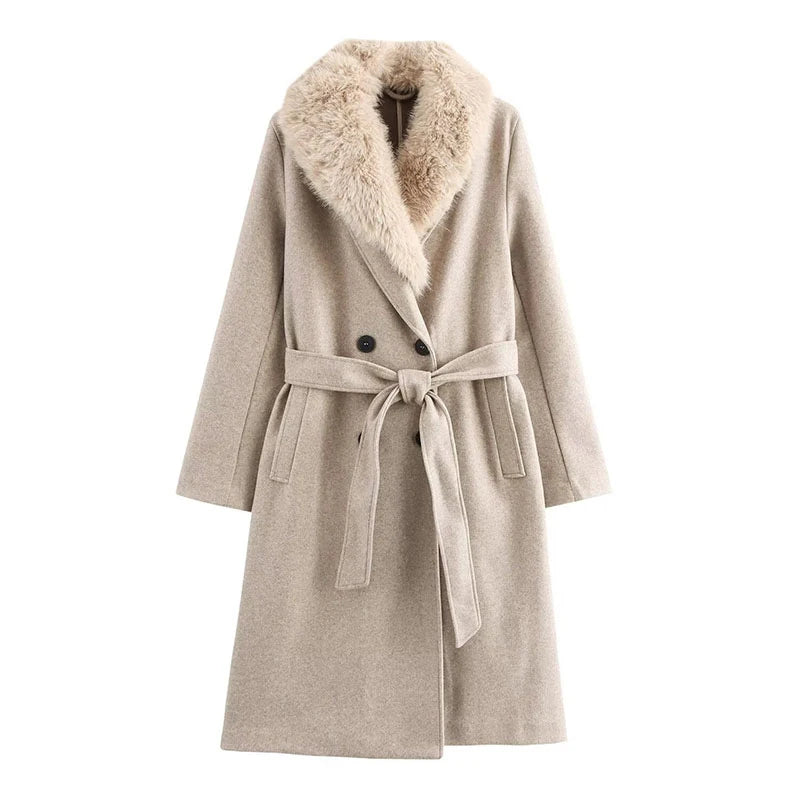 Elegant Fur Lapel Long Coat Women With Belt Woolen Full Sleeve Lace Up Loose Thicken Overcoat 2025 Spring Solid Pocket Outwear