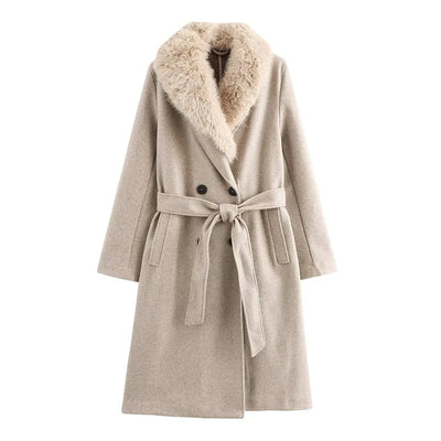 Elegant Fur Lapel Long Coat Women With Belt Woolen Full Sleeve Lace Up Loose Thicken Overcoat 2025 Spring Solid Pocket Outwear