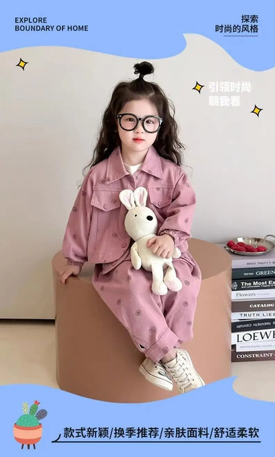 Girls Coat and Pants Two Piece Set 2025 Spring and Autumn New Korean Fashion Floral Casual Coat and Pants Two Piece Set Trend