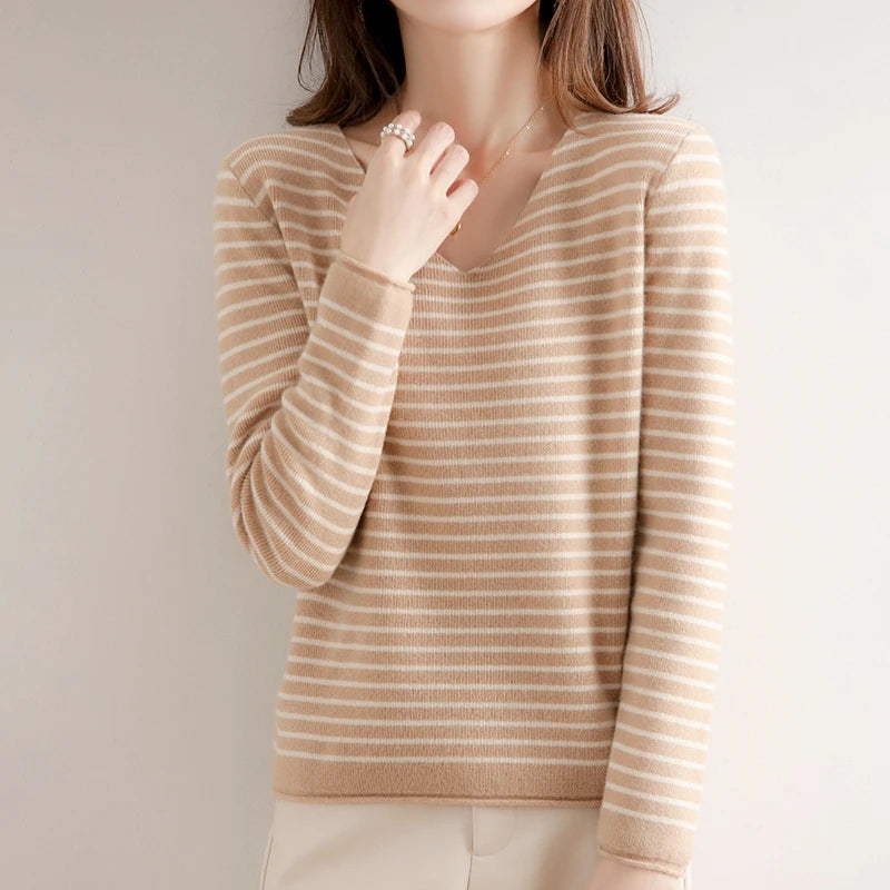 New Striped V-neck Sweater Women's All-Match Loose Sweater Fall Winter Fashion Bottoming Shirt Inner Wear Blouse