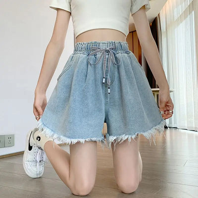Korean Simplicity High Waist Wide Leg Denim Shorts Fashion Women's Clothing Summer Female All-match Loose Drawstring Shorts