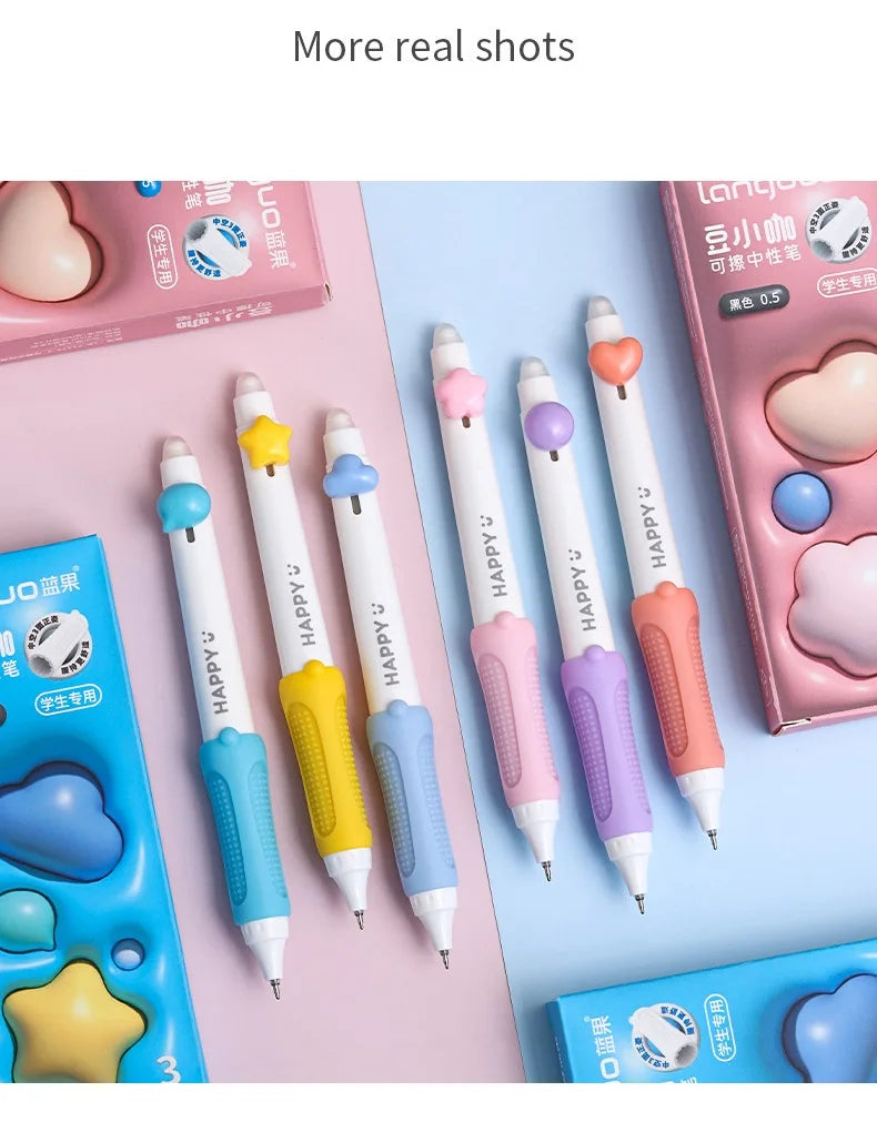 3pcs Happy Beans Gel Pens Set Ergonomical Triangle Grip Erasable Black Color Ink 0.5mm Ballpoint for Writing School A7682