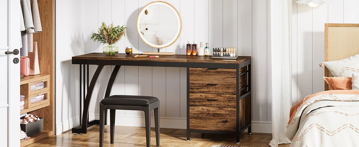 Vanity Desk with 3 Drawers, 59-Inch Large Dressing Table with Reversible Drawers, Chic Makeup Desk(Rustic Brown) (Only Desk)