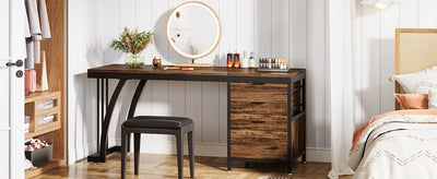 Vanity Desk with 3 Drawers, 59-Inch Large Dressing Table with Reversible Drawers, Chic Makeup Desk(Rustic Brown) (Only Desk)