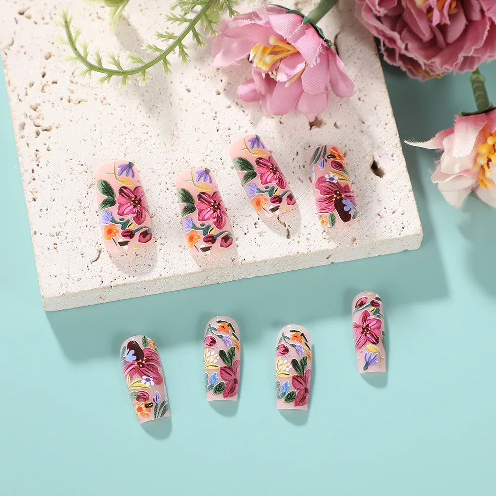 24pcs Press on Nails Square Flower False Nails Wearable Stick-on Nails Fake Nail Uñas Postizas Mujer Накладные Ногти 네일팁