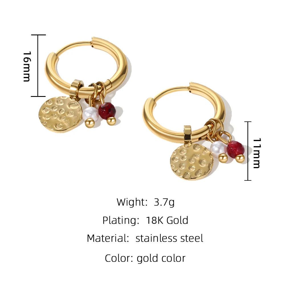 YACHAN 18K Gold Plated Stainless Steel Hoop Earrings for Women Tap Texture Metal Pearl Charms Earring Trendy Jewelry Gift