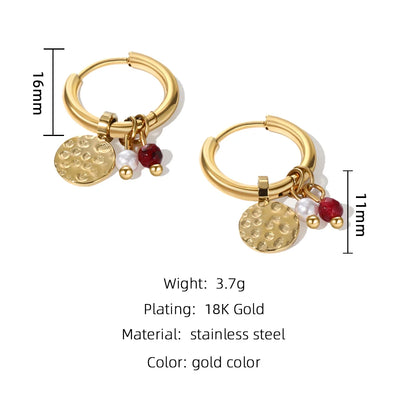YACHAN 18K Gold Plated Stainless Steel Hoop Earrings for Women Tap Texture Metal Pearl Charms Earring Trendy Jewelry Gift