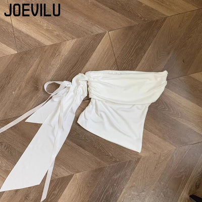 2025 New Sexy Off Shoulder Tops Women Ruffle Sleeve Asymmetric Slim Fit Short Sleeve T-Shirt Y2K Summer Fashion Elegant Clothes