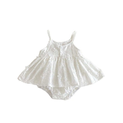 White Embroidered Suspender Bag for Baby Girl, Summer Baby Jumpsuit, Sleeveless Newborn Full Moon Princess Dress