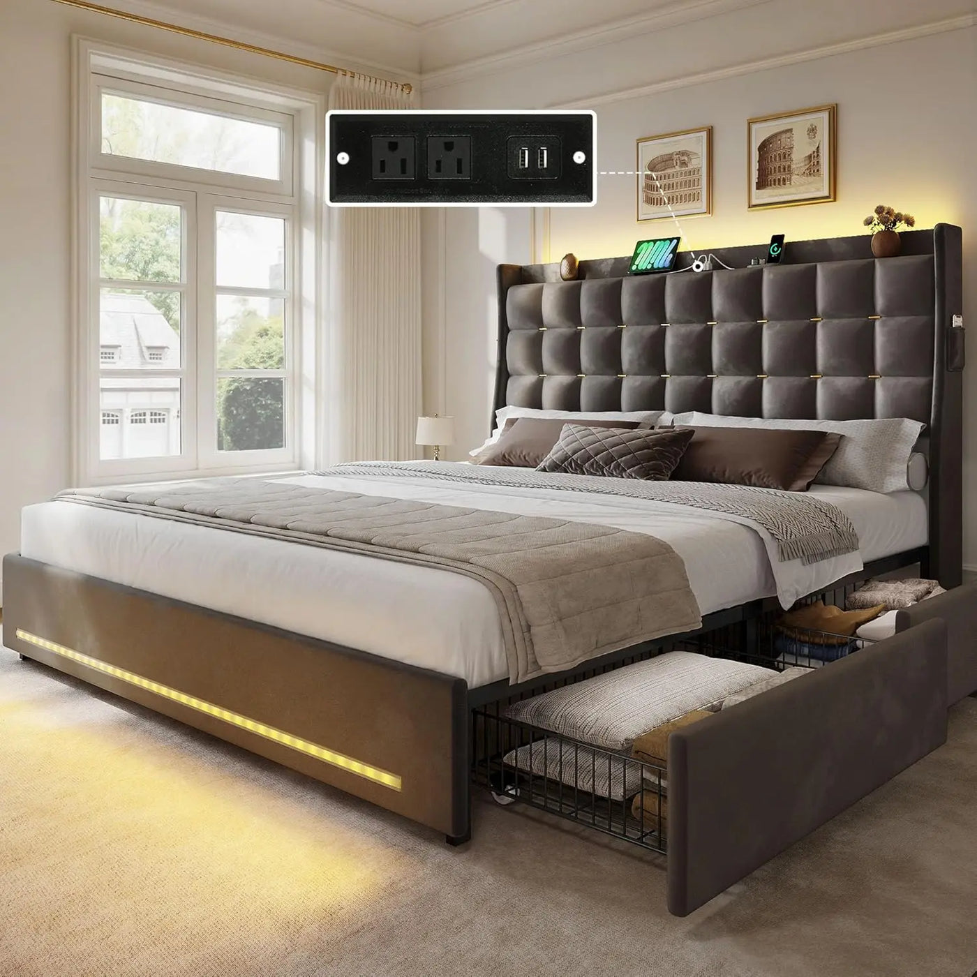 LED Lights with 4 Drawers , Queen/king Bed Frame Velvet Upholstered Platform Bed, No Box Spring Needed, Easy Assembly