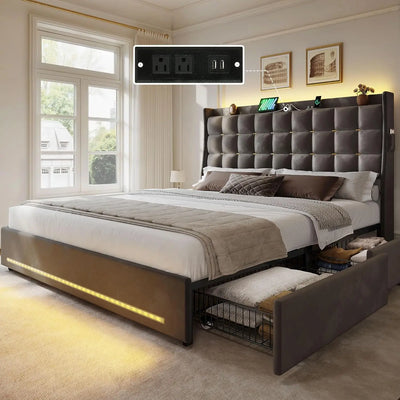 LED Lights with 4 Drawers , Queen/king Bed Frame Velvet Upholstered Platform Bed, No Box Spring Needed, Easy Assembly