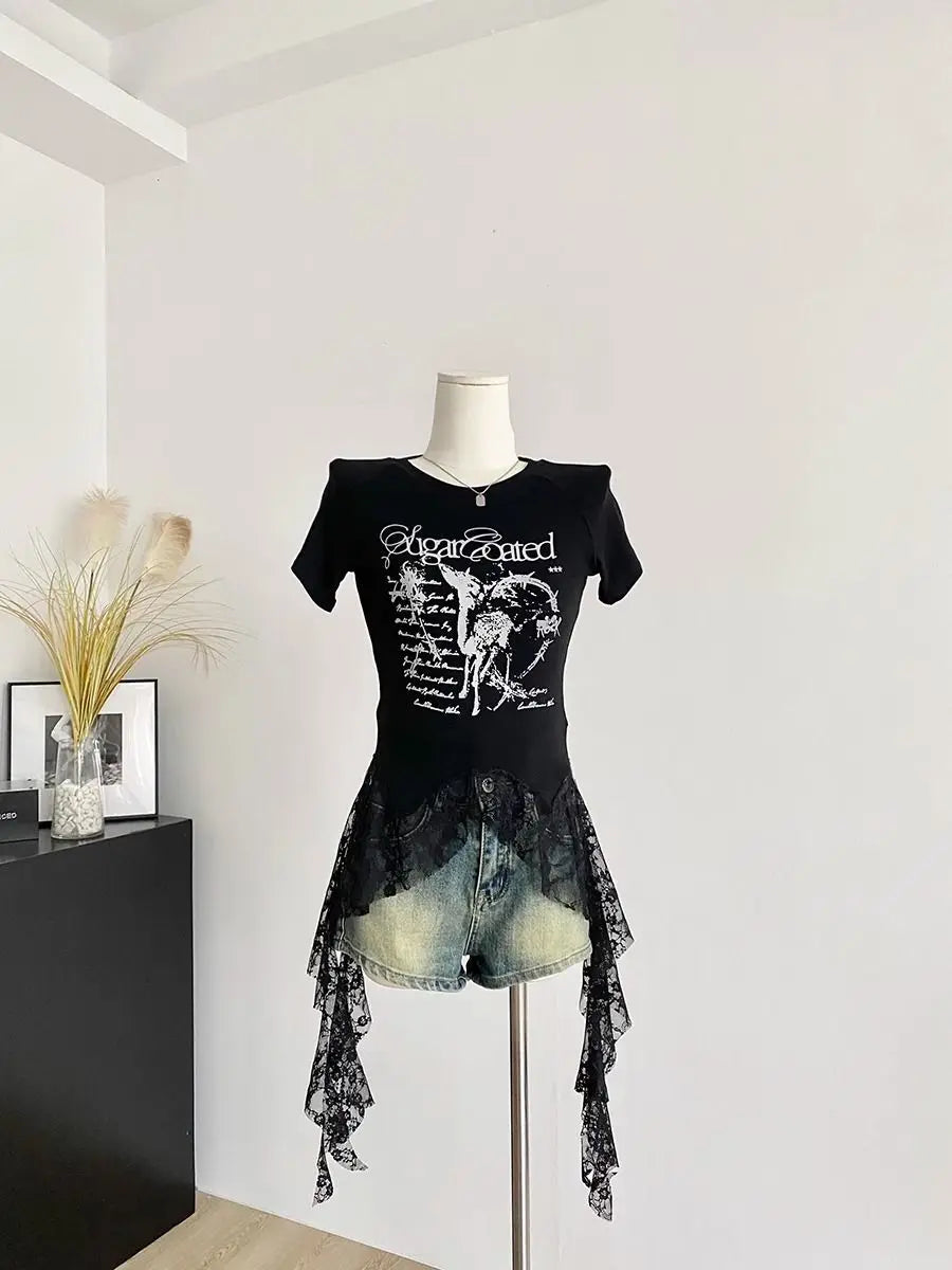 Y2K Brand Cute Deer Graphic Crop Top White Lace Ruffles Tassels Skirt T-shirts Punk Hip Hop E-girl Sexy Club Summer Tees Casual
