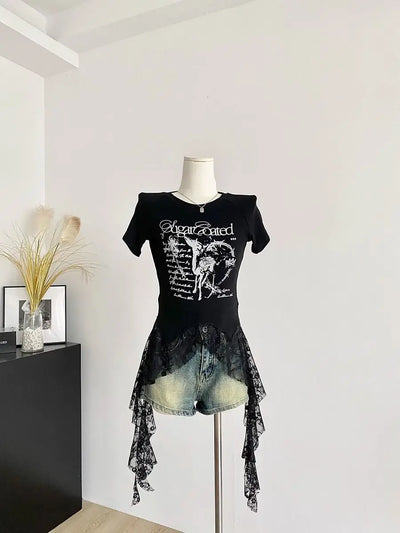 Y2K Brand Cute Deer Graphic Crop Top White Lace Ruffles Tassels Skirt T-shirts Punk Hip Hop E-girl Sexy Club Summer Tees Casual