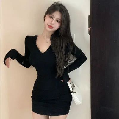 Autumn Spicy Girl Purple Long sleeved Dress Women's Pure Desire Style Underlay V-neck Temperament Waist Tight Wrapped Hip Skirt