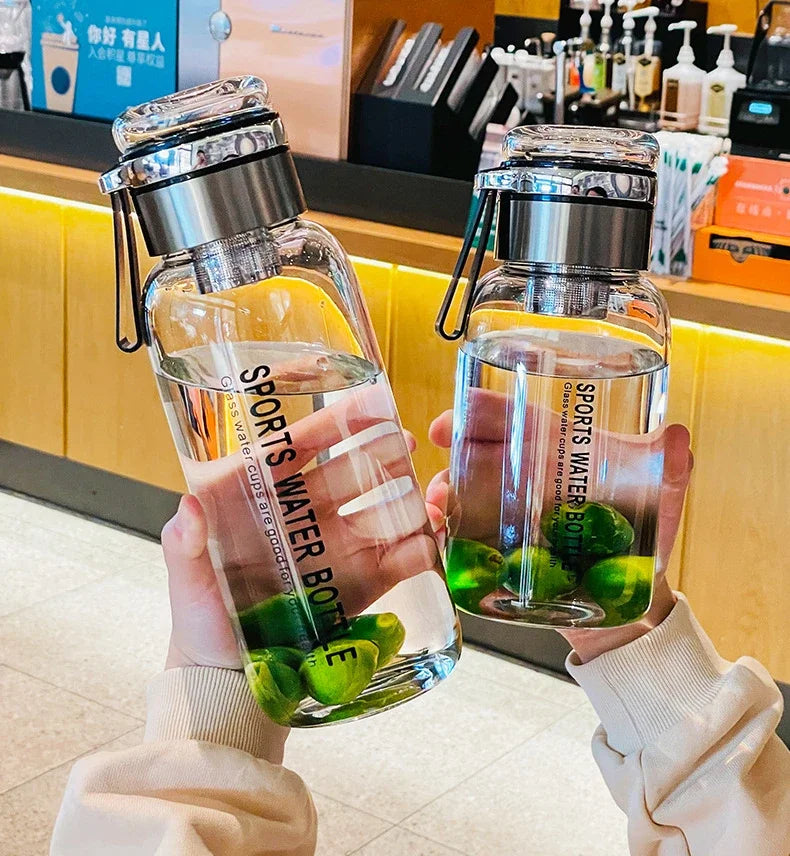 Sports Glass Water Bottle 2L Capacity Free Cup Cover (with Shoulder Strap)  Portable Leak-proof Drinking Stainless Steel Lid