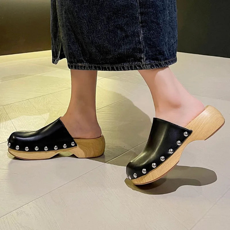 Women Imitation Cork Sole Mules Fashion Rivets Heels Platform Block Heel Soft Leather Slippers Round Toe Slip-on Casual Shoes
