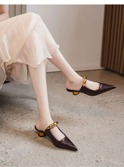 Punk Gothic Metal Buckle Low Heels Sandals Women 2025 New Pointed Toe Thick Heeled Summer Slippers Woman Platform Muller Shoes