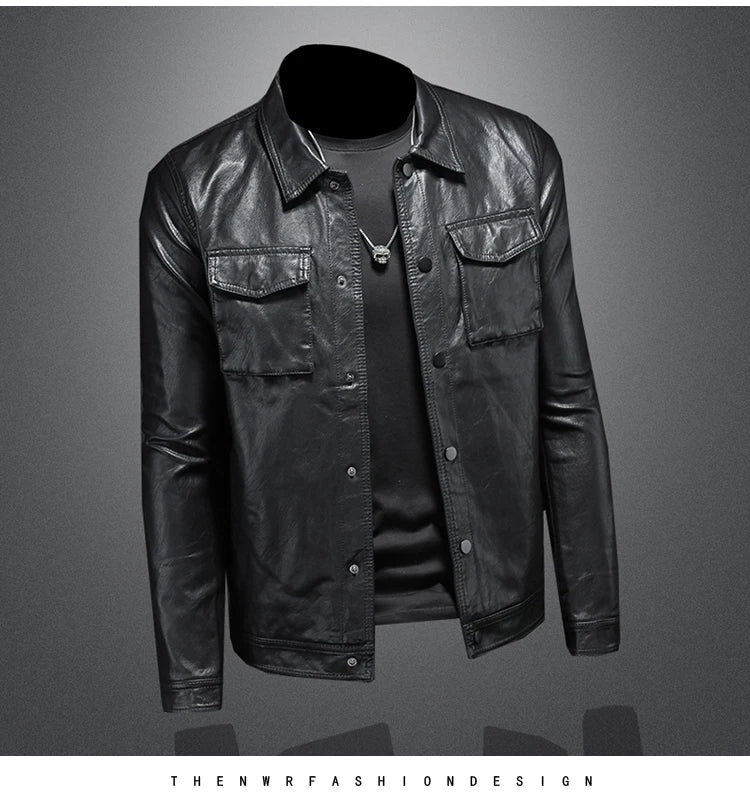 2024 Autumn and Winter New Men's Fashion Handsome with Fine Lapel Motorcycle Leather Coat Slim Stylish Man  Men Jacket