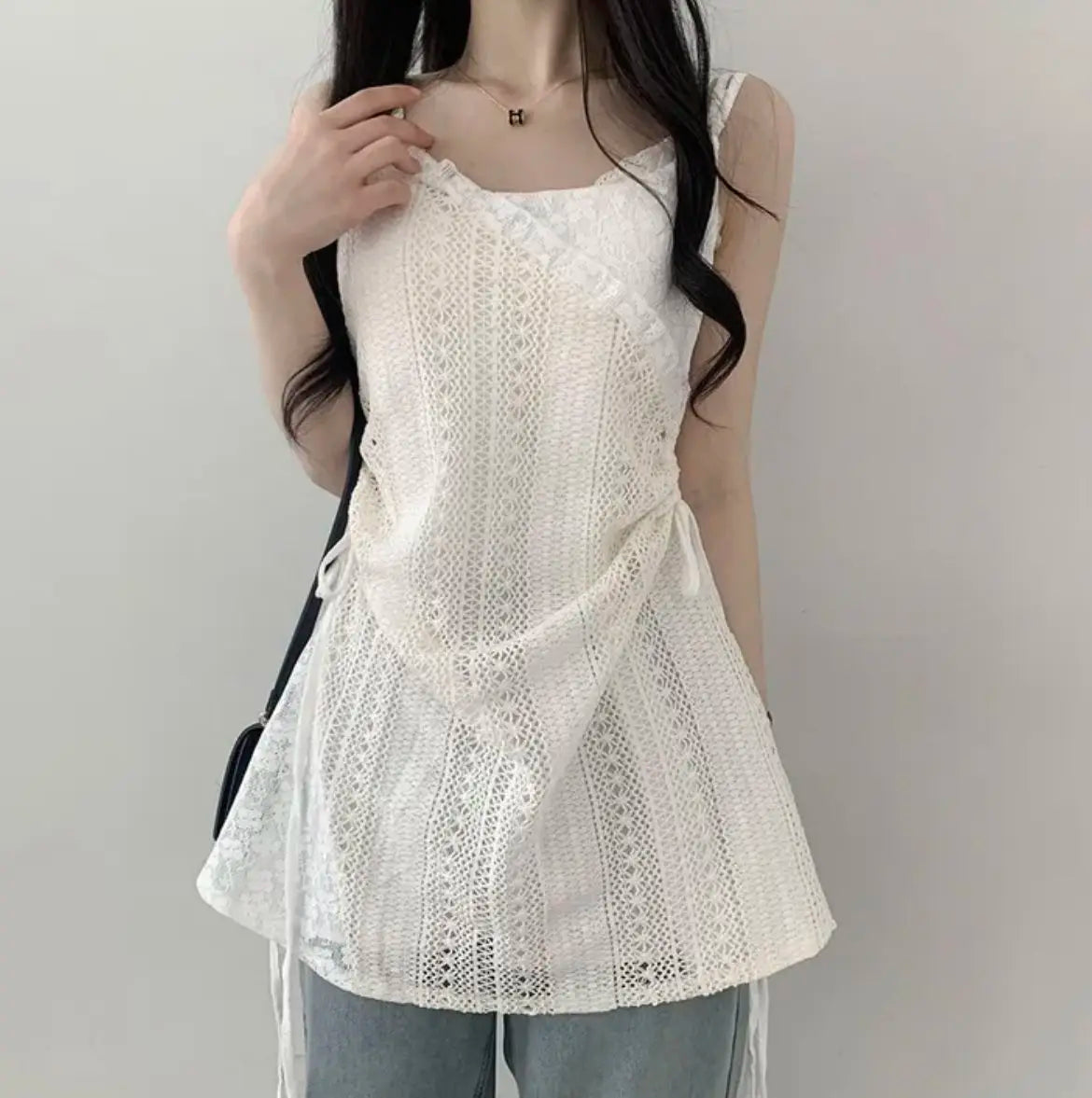 Hot Girl Korean Style Drawstring Lace-up Waist Lace Short Suspender Dresses + White Inner Wear Bottoming Sling Top Two-piece Set