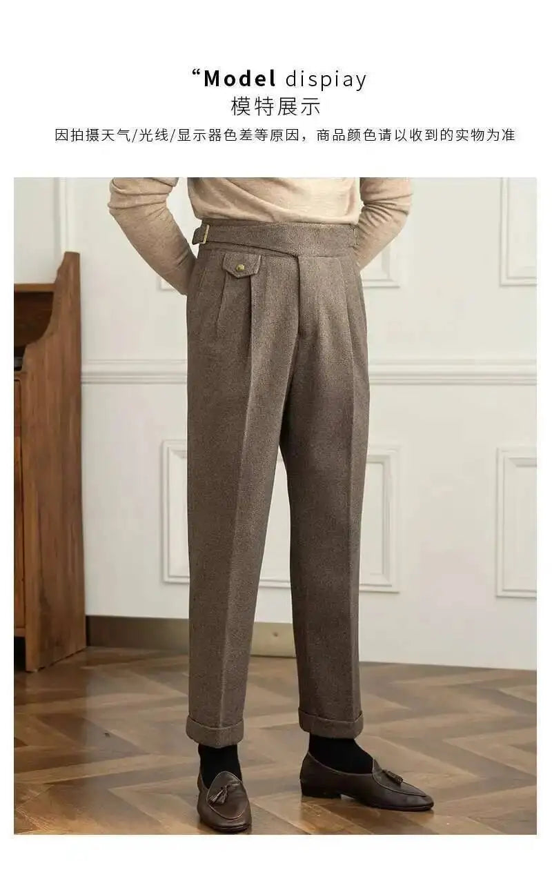 2023 Autumn Winter Men's Warm Retro Straight Trouser Male Casual British High Waist Pants Office-trousers Dress Pant Trousers