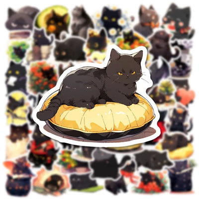 50/100pcs Cute Black Cat Stickers Laptop Phone Case Notebook Scrapbooking Car Vinyl Waterproof Cartoon Cats Decal Kids Gift Toy