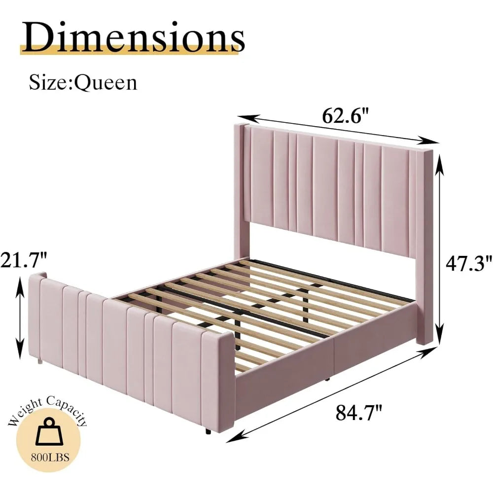 Queen Bed Frame Pink Upholstered Bed with Vertical Channel Tufted Headboard & 22" Footboard, Noise Free/Wooden Slats/Nois