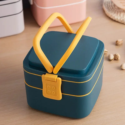 Fashion Morandi Color Portable Double Layered Lunch Box Student Lunchbox Plastic Microwave Preservation