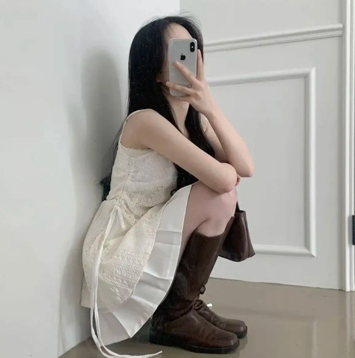 Hot Girl Korean Style Drawstring Lace-up Waist Lace Short Suspender Dresses + White Inner Wear Bottoming Sling Top Two-piece Set
